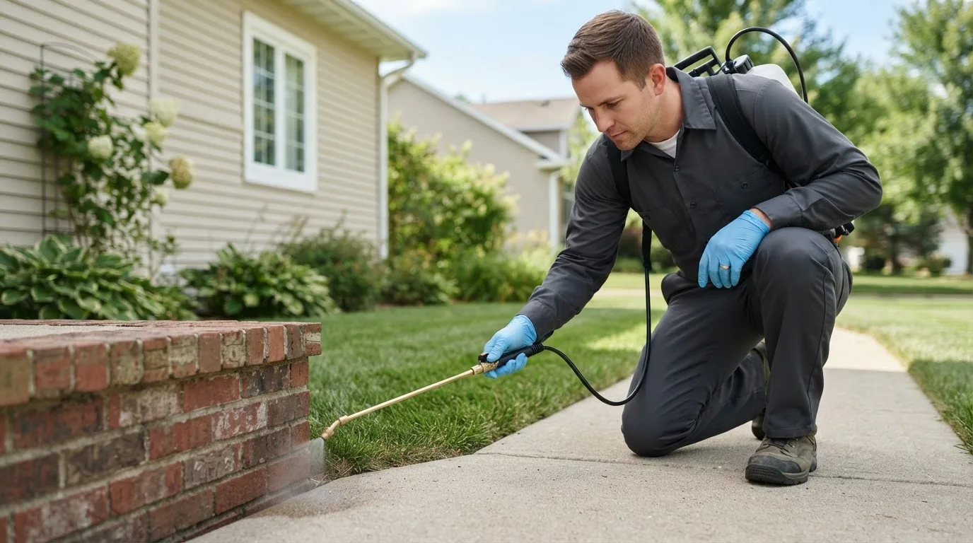 Pest control technician treating a home near Colton, OR